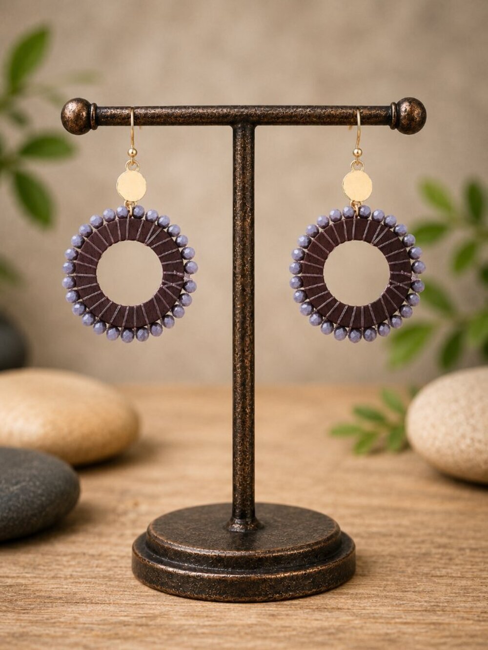 Wood Hoop Earrings with Glass Beads Boho Dangle